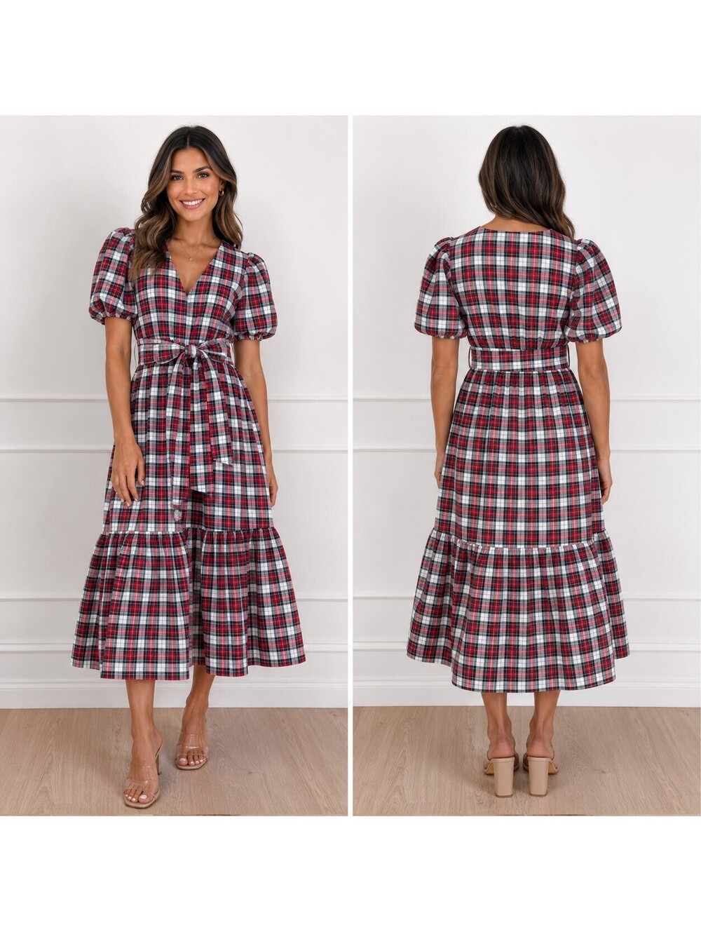 Victoria Dunn Red Plaid Maxi Dress - XS